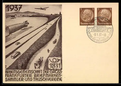 AK Frankfurt /Main, Arbeitsgemein. der Gross-Frankfurter Briefmarkensammler- u. Tauschvereine 1937, Zeppelin, Ganzsache