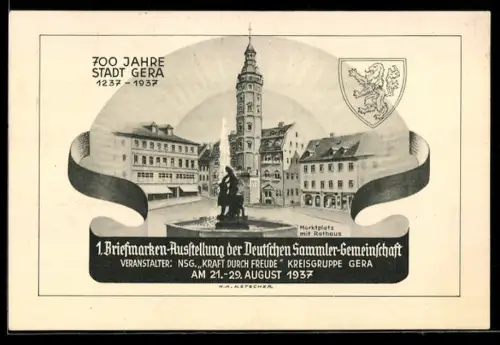 AK Gera, 1. Briefmarken-Ausstellung der Deutschen Sammler-Gemeinschaft 1937, 700 Jahre Stadt Gera, Ganzsache