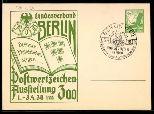 AK Berlin, Postwertzeichen-Ausstellung 1938 im Zoo, Briefmarkenalbum, Ganzsache