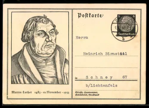 AK Martin Luther, Porträt zum 450. Geburtstag, 1483 - 1933, Ganzsache