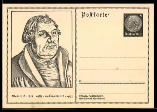 AK Martin Luther, Porträt zum 450. Geburtstag, 1483 - 1933, Ganzsache
