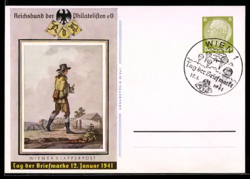 AK Wiener Klapperpost, Tag der Briefmarke 12. Januar 1941, Reichsbund der Philatelisten e.V., Ganzsache