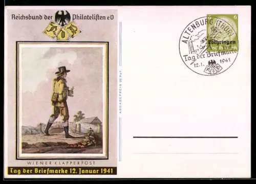 AK Reichsbund der Philatelisten, Tag der Briefmarke 7.1.1940, Wiener Klapperpost, Briefträger, Ganzsache