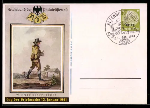 AK Reichsbund der Philatelisten, Tag der Briefmarke 7.1.1940, Wiener Klapperpost, Briefträger, Ganzsache