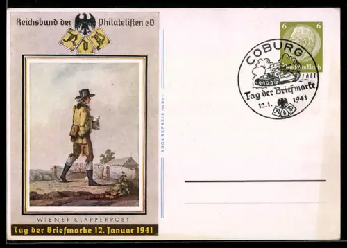 AK Reichsbund der Philatelisten e.V., Tag der Briefmarke, 12. Januar 1941, Briefträger, Ganzsache