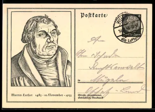 AK Martin Luther, Porträt zum 450. Geburtstag, 1483 - 1933, Ganzsache