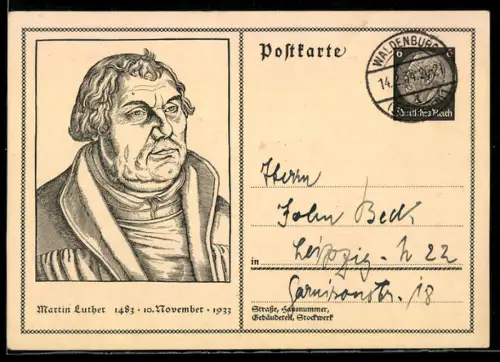 AK Martin Luther, Porträt zum 450. Geburtstag, 1483 - 1933, Ganzsache