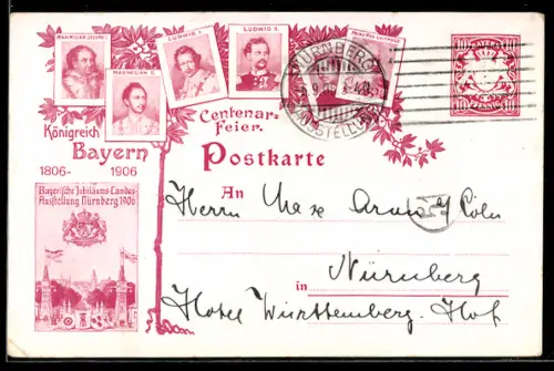 AK Nürnberg, Bayer. Jubiläums-Landesausstellung 1906, Porträt Ludwig II., Ganzsache Bayern