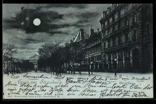 Mondschein-AK Strassburg, Broglie, Strassenzug bei Nacht