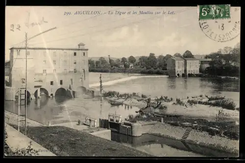 AK Aiguillon, La Digue et les Moulins sur le Lot