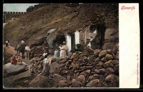 AK Tenerife, Höhlenwohnungen mit Dorfbewohnern