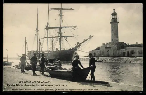 AK Grau-du-Roi /Gard, Trois-Mats dans le Canal et ancien Phare