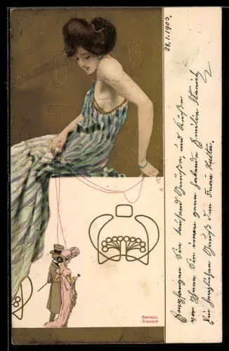 Künstler-AK Raphael Kirchner: Junge Frau mit Marionetten