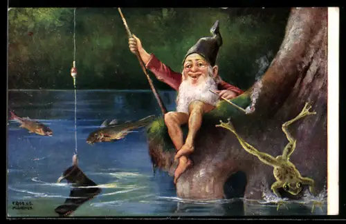 AK Zwerg angelt einen Stiefel, Frosch