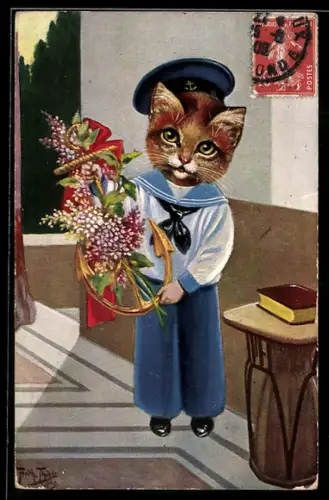 Künstler-AK Arthur Thiele: Katze im Matrosenanzug mit Anker und Blumengrüssen