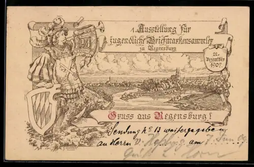 Lithographie Regensburg, 1. Ausstellung für jugendliche Briefmarkensammler 1907, Wappen, Ganzsache Bayern