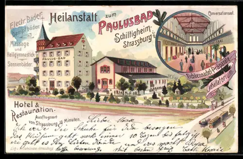 Lithographie Schiltigheim /Strassburg, Heilanstalt zum Paulusbad in der Aussenansicht und Conversationssaal