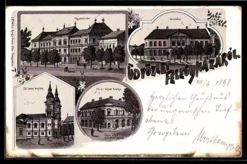 Lithographie Félegyházá, Városháza, Fögymnasium, Szt. István templom