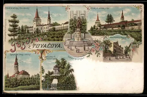 Lithographie Tovacov, Zamek ze strany severni, Kasna na namesti, Zamek ze strany jizny