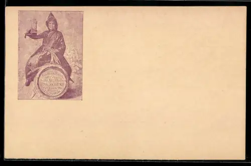 AK München, Allgemeine Ausstellung Küche, Keller & Haus 1899, Münchner Kindl auf einem Fass Bier