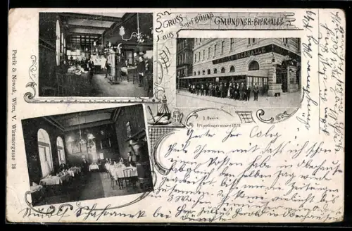AK Wien, Gmundner Bierhalle, Inh. Josef Böhm, Wipplingerstrasse 22, Aussen- und Innenansicht