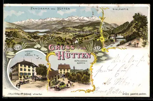 Lithographie Hütten, Sihlpartie, Gasthof zur Krone, Dependance Bären