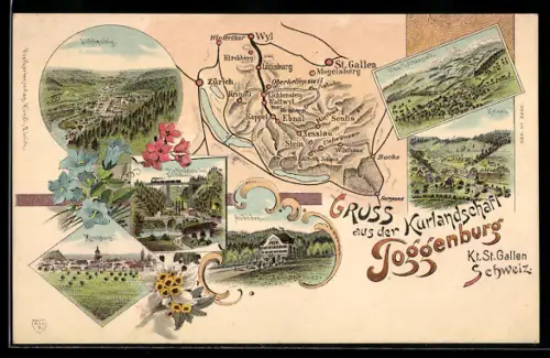 Lithographie St. Gallen, Kurlandschaft Toggenburg, Lichtensteig, Kirchberg, Auboden
