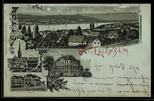 Lithographie Erlenbach, Panorama, Hôtel Kreuz, Kirche und Bahnhof
