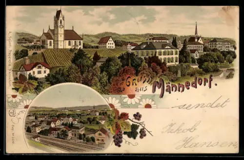 Lithographie Männedorf, Panorama mit Kirche und Rathaus, Vogelschau auf den Bahnhof