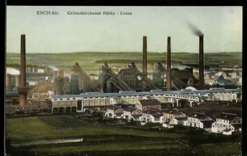 AK Esch /Alz., Gelsenkirchener Hütte aus der Vogelschau mit Schornsteinen