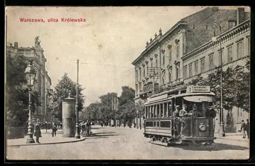AK Warszawa, Ulica Królewska, Strassenbahn