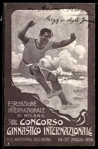 AK Milano, Esposizione Internazionale 1906, Ausstellung und Turnfest, Mann beim Weitsprung