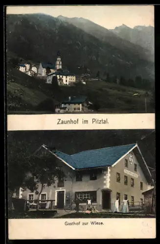 AK Zaunhof im Pitztal, Gasthof zur Wiese, Teilansicht mit Kirche