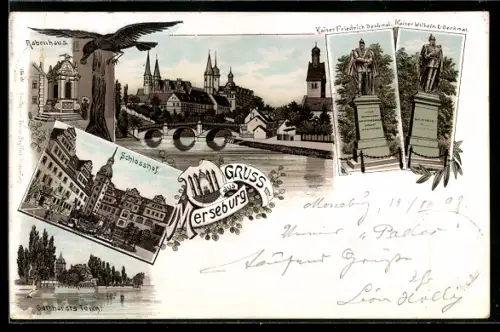 Lithographie Merseburg, Kaiser Friedrich und Kaiser Wilhelm Denkmal, Schlosshof, Gotthardts Teich, Rabenhaus