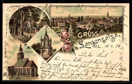 Lithographie Langensalza, Marktkirche, Hannöversches Denkmal, Ortsansicht aus der Vogelschau