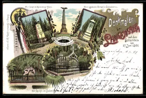 Lithographie Langensalza, Denkmäler auf dem Schlachtfelde vom 27. Juni 1866, 25er Denkmal bei Kallenbergs Mühle