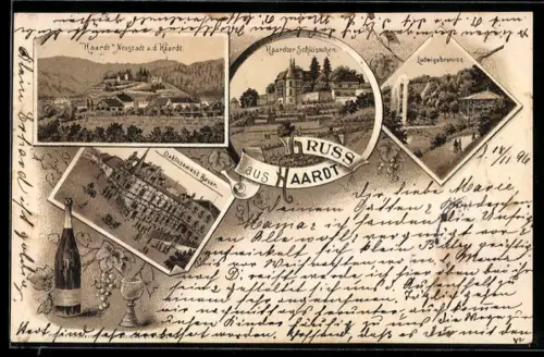 Lithographie Neustadt-Haardt, Restaurant Bauer, Haardter Schlösschen, Ludwigsbrunnen