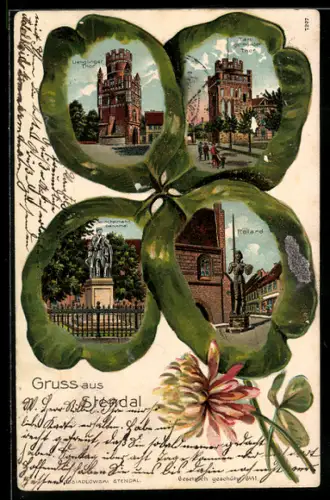 Passepartout-Lithographie Stendal, Winkelmann-Denkmal, Roland, Uenglinger Tor, Tangermünde Tor im Kleeblatt-Rahmen