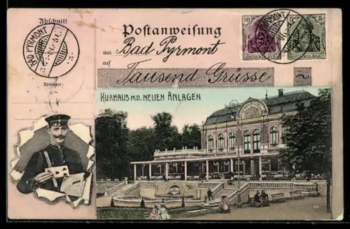 AK Bad Pyrmont, Kurhaus mit den neuen Anlagen, Briefträger durch zerrissenes Papier