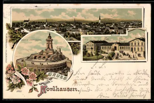 Lithographie Nordhausen, Bahnhof, Totale, Kaiser-Wilhelm-Denkmal