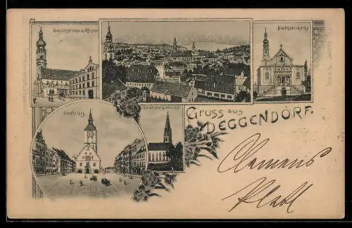 Lithographie Deggendorf, Gnadenkirche mit Kloster, Stadtpfarrkirche, Stadtplatz