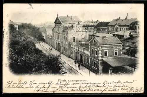 AK Fürth, Ludwigsbahnhof mit Strassenpartie