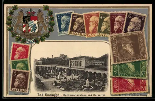 AK Bad Kissingen, Konversationshaus und Kurgarten, Bayerische Briefmarken
