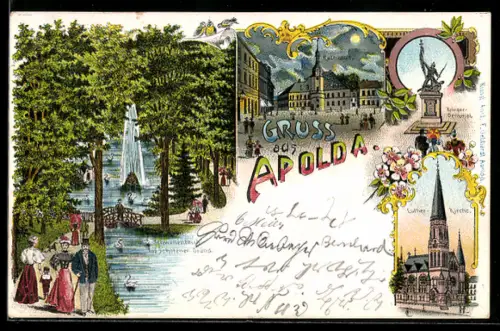 Lithographie Apolda, Rathaus bei Mondschein, Luther-Kirche, Krieger-Denkmal