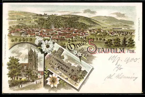 Lithographie Stadtilm i. Th., Teilansicht, Kirche, Schlossruine