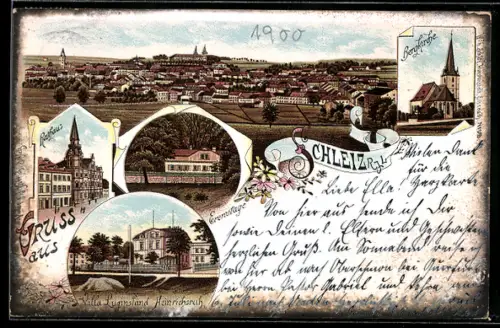 Lithographie Schleiz, Villa Luginsland i. Heinrichsruh, Eremitage, Rathaus