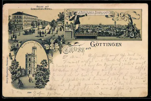 Lithographie Göttingen, Allee mit Gebhards Hotel, Bismarck-Turm, Teilansicht