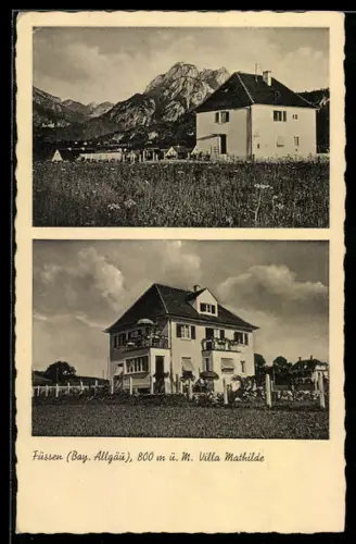 AK Füssen, Hotel-Villa Mathilde mit Garten und Gebirge