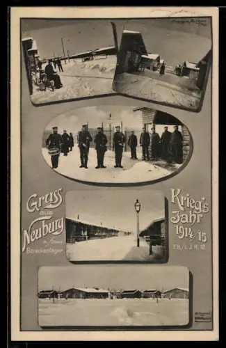 AK Neuburg a. Donau, Kaserne, Barackenlager im Kriegsjahr 1914 /15 EB. / L J. R. 12