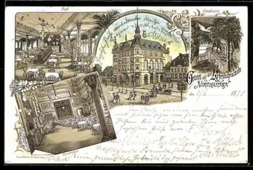 Lithographie Nordhausen, Etablissement Krystallpalast mit Conditorei, Café und Konzertsaal